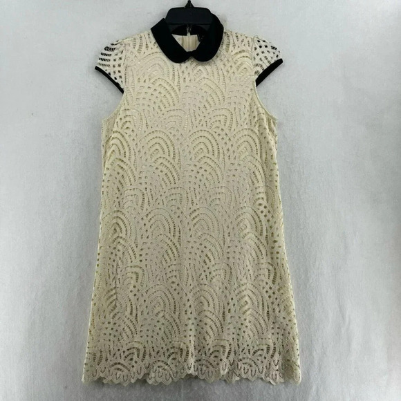 Zara Dresses & Skirts - Zara Shift Dress Sz Small Beige Black Collar Short Sleeve High Neck Lace Lined